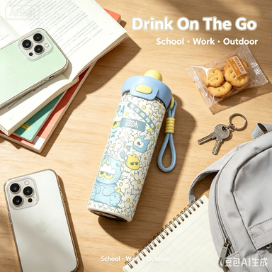 Cartoon Insulated Thermos Cup – Blue White Portable Water Bottle with Strap