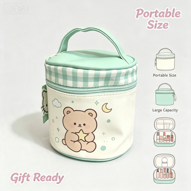 Cute Cartoon Cylindrical Cosmetic Bag | Portable Travel Makeup Organizer with Handle
