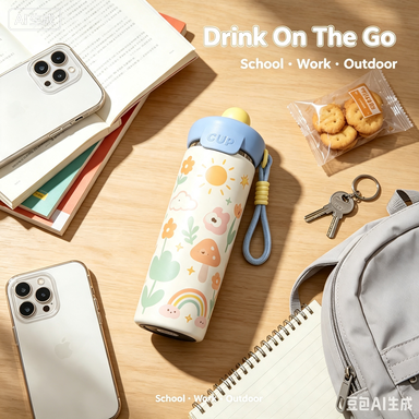 Cartoon Insulated Thermos Cup – Blue White Portable Water Bottle with Strap