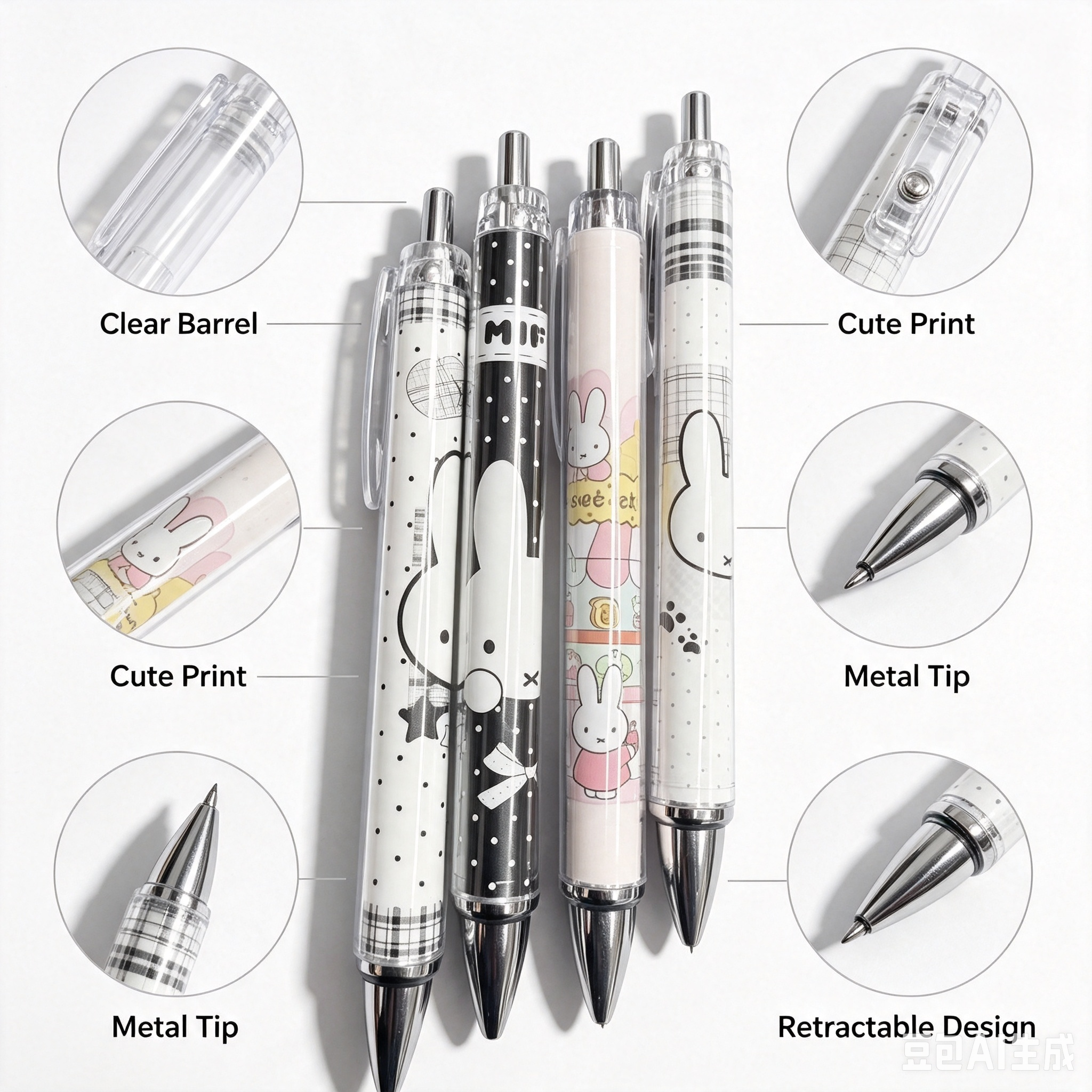 Cartoon Gel Pen Set – Black White Rabbit Design 4-Piece Retractable Pens