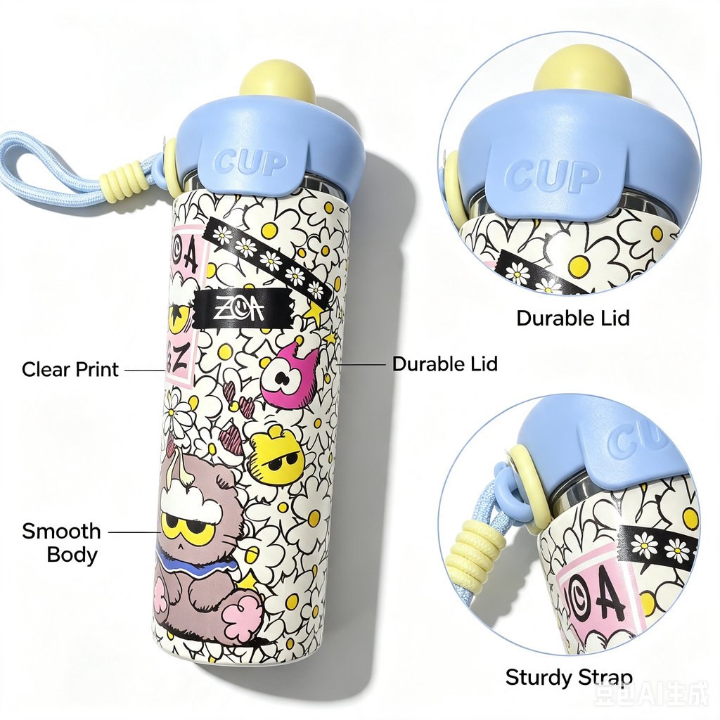 Cartoon Insulated Thermos Cup – Blue White Portable Water Bottle with Strap