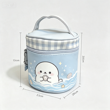 Cute Cartoon Cylindrical Cosmetic Bag | Portable Travel Makeup Organizer with Handle